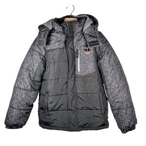 London Fog Boy’s Hooded Puffer Jacket Youth Large 14-16 Winter Coat Black Gray